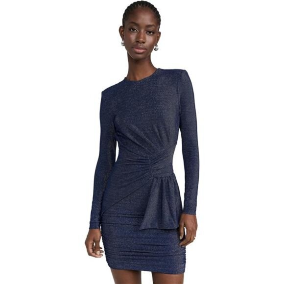 MISHA Evetta Jersey Mini Dress French Navy Metallic Ruched Bow Holiday Cocktail - Picture 1 of 6